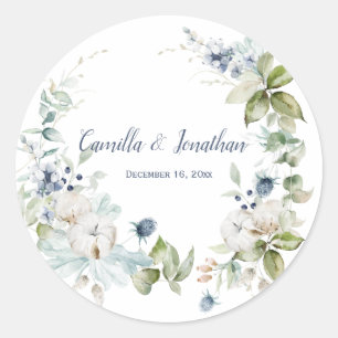 Sticker Rond Wreath Florale d'hiver en bleu Dusty et vert Sage