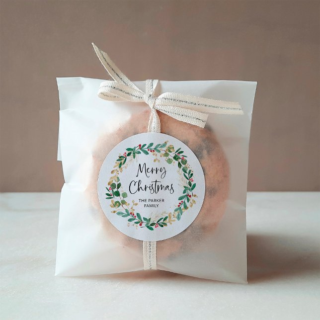 Sticker Rond Wreath moderne et script | Joyeux Noël (Créateur téléchargé)