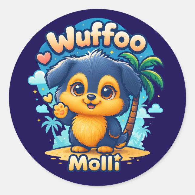Sticker Rond Wuffoo Molli Cute Kawaii Puppy Tropical Island (Devant)