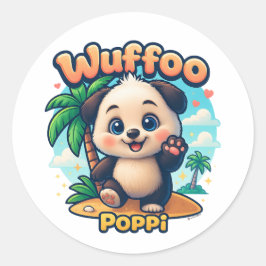 Sticker Rond Wuffoo Poppi Cute Kawaii Puppy Tropical Island