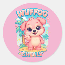Sticker Rond Wuffoo Shelly Kawaii Puppy Tropical Island