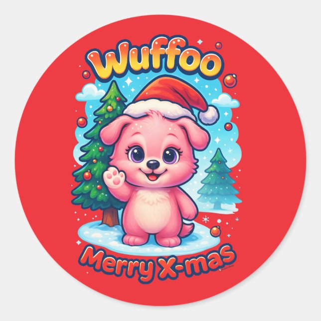 Sticker Rond Wuffoo Shelly Merry X-mas Kawaii 3D Holiday (Devant)