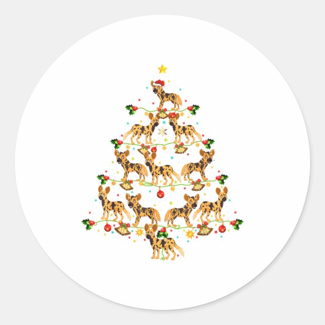 Sticker Rond Xmas Lighting Santa African Wild Dog Christmas Tre (Devant)