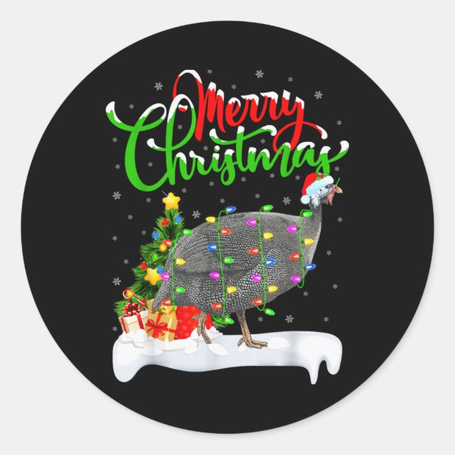 Sticker Rond Xmas Lights Tree Santa Guinea Fowl Bird Merry Chri (Devant)