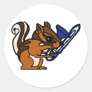 Sticker Rond XX- Chipmunk Jouer à Trombone Cartoon