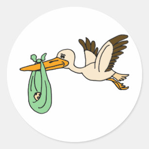 Sticker Rond XX- Funny Stork portant bébé