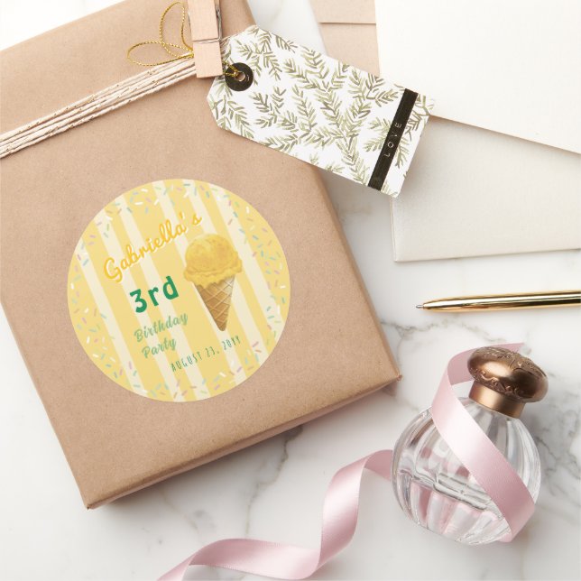 Sticker Rond Yellow Ice Cream Sprinkle Summer Birthday Party (Cadeaux)