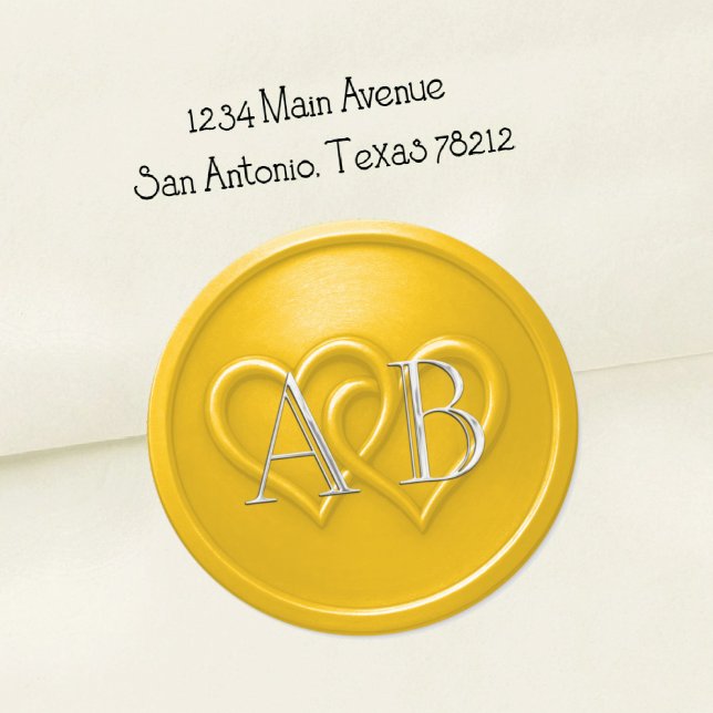 Sticker Rond Yellow Two Hearts Silver Monogram Wedding (Créateur téléchargé)