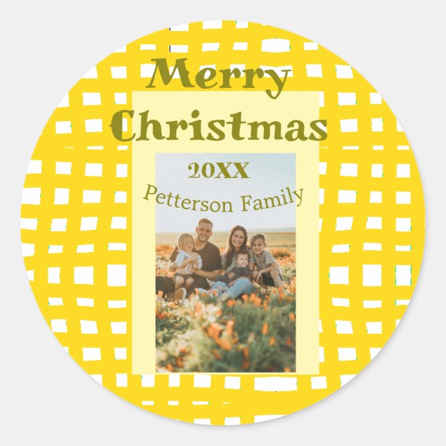 Sticker Rond Yellow white plaid retro Christmas holiday family  (Devant)