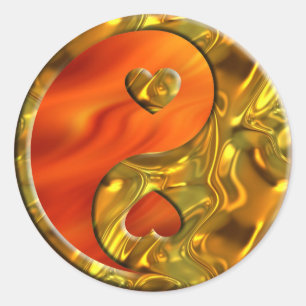 Sticker Rond Yin & Yang / Coeurs or   feu rouge