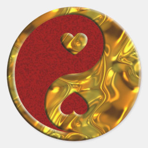 Sticker Rond Yin & Yang / Coeurs or   tache rouge foncé