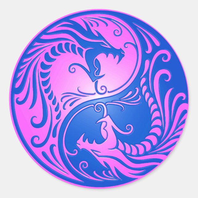 Sticker Rond Yin Yang Dragons, bleu et violet (Devant)