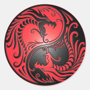 Sticker Rond Yin Yang Dragons, red and black