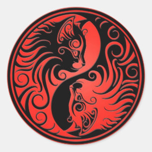 Sticker Rond Yin Yang Kittens rouge et noir