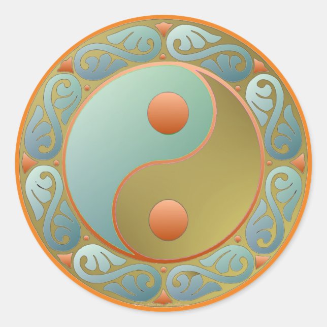 Sticker Rond Yin Yang médaillon d'or Turquoise (Devant)