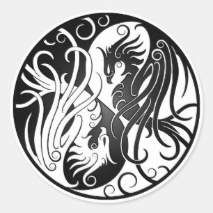 Sticker Rond Yin Yang Phoenix blanc et noir