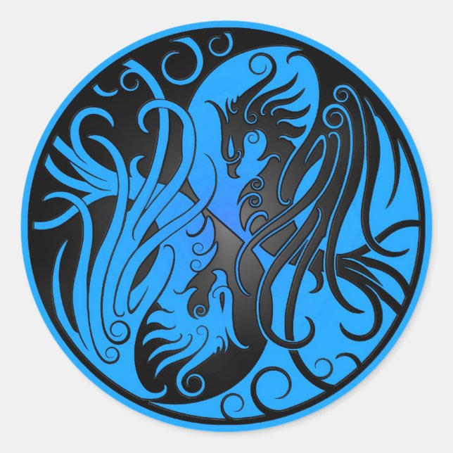 Sticker Rond Yin Yang Phoenix bleu et noir (Devant)