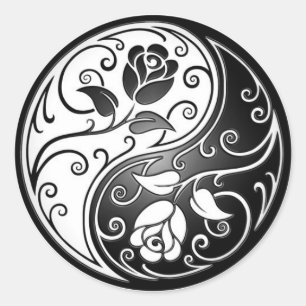 Sticker Rond Yin Yang Roses, noir