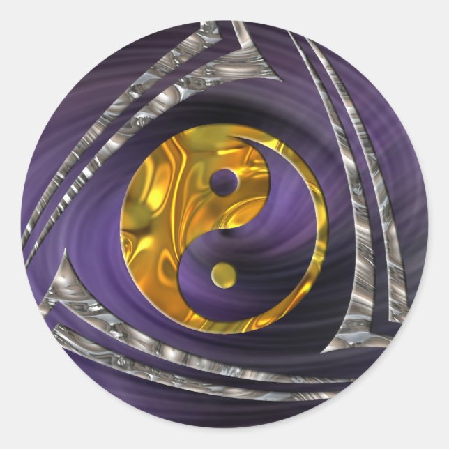Sticker Rond Yin & Yang / Tribal - or argent | spirale violette (Devant)