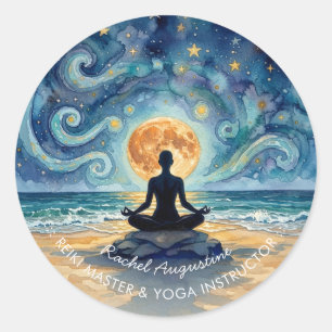Sticker Rond Yoga Méditation Ciel Nocturne Étoilé Lune Plage Oc