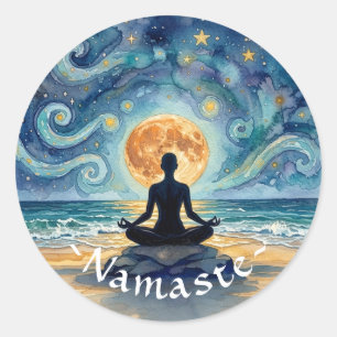 Sticker Rond Yoga Méditation Ciel Nocturne Étoilé Lune Plage Oc
