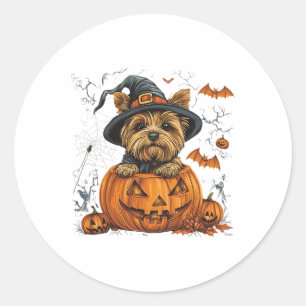 Sticker Rond Yorkie Chien Citrouille Halloween Action de grâce 
