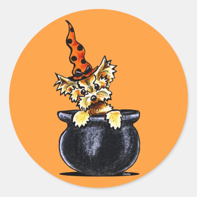 Sticker Rond Yorkie Halloween Good Witch Off-Leash Art™ (Devant)