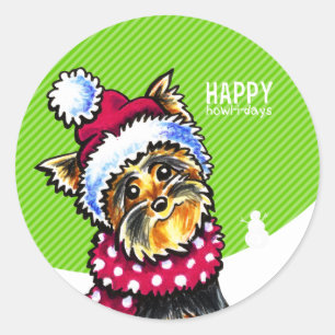 Sticker Rond Yorkie Scarf Noël Joyeux Howl-i-days