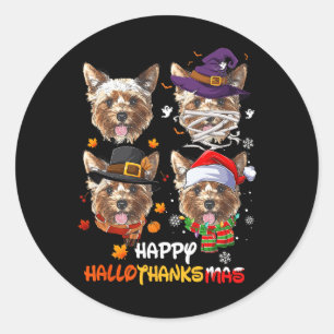Sticker Rond Yorkshire Chien Hallothanksmas Halloween Thanksgiv