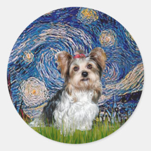 Sticker Rond Yorkshire Terrier (Biewer) - Nuit étoilée