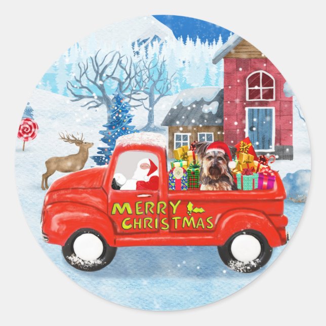 Sticker Rond Yorkshire Terrier Chien Livraison de Noël Camion (Devant)