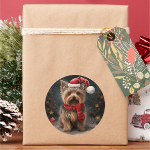 Sticker Rond Yorkshire Terrier Dog dans la neige Noël
