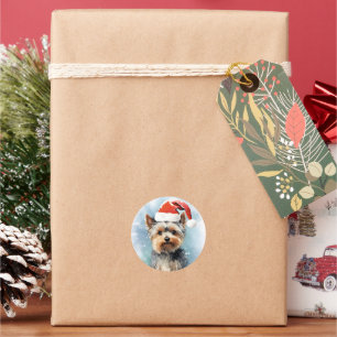 Sticker Rond Yorkshire Terrier peinture de Noël