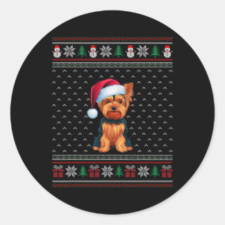 Sticker Rond Yorkshire Terrier portant le chapeau de Noël laid