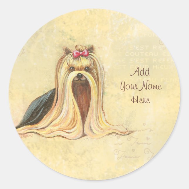 Sticker Rond Yorkshire Terrier Portrait en beige w Script (Devant)
