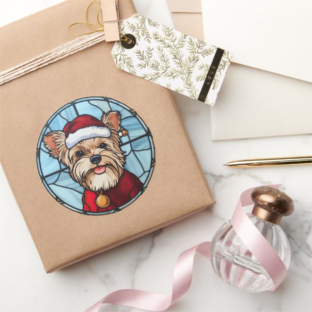 Sticker Rond Yorkshire Terrier Vitrail Noël (Cadeaux)