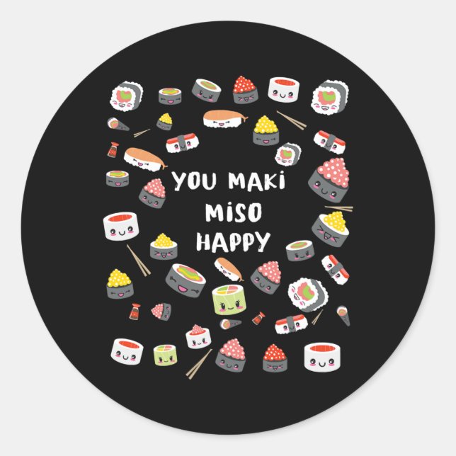 Sticker Rond You Maki Miso Happy Sushi Japon Nigiri Poisson (Devant)