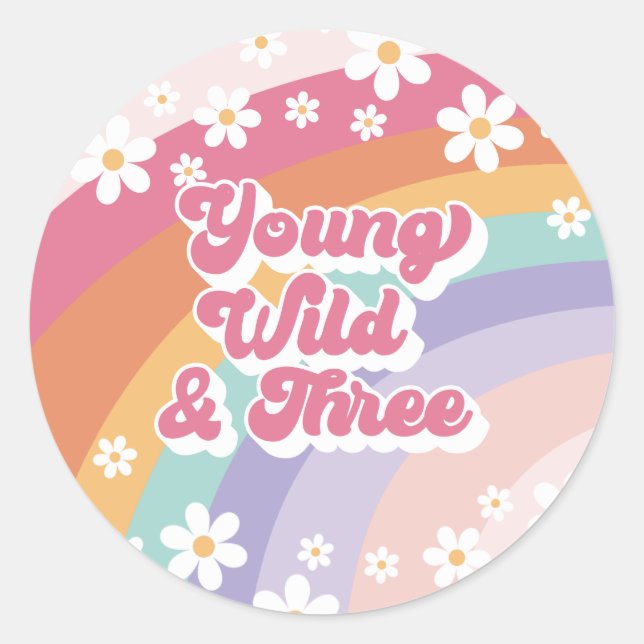 Sticker Rond Young Wild Three Retro Rainbow 3e anniversaire (Devant)