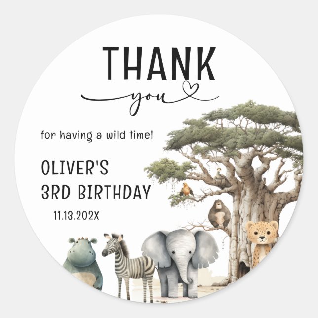 Sticker Rond Young Wild Three Safari 3ème anniversaire Merci (Devant)