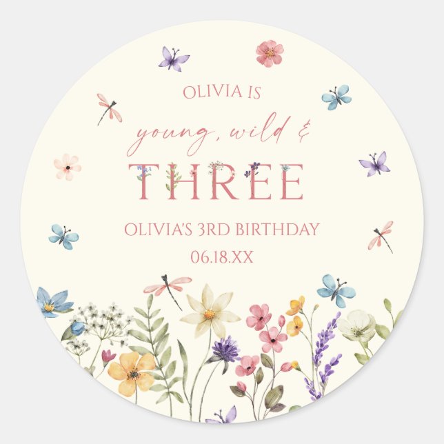 Sticker Rond Young Wild & Three Wildflower 3rd Birthday Party (Devant)