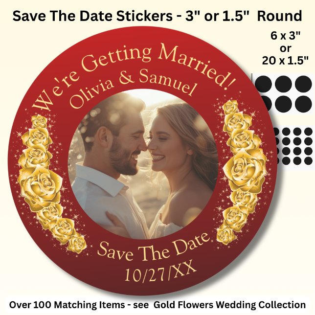 Sticker Rond Your Photo, Save The Date, Gold Flowers Maroon Red (Créateur téléchargé)