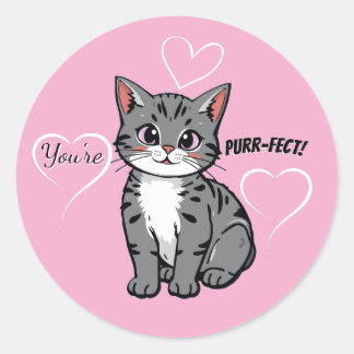 Sticker Rond You're Purr-fect Animated Cat and Hearts Pink