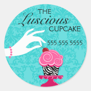 Sticker Rond Zebra Cupcake Turquoise Damask Bakery Seaux