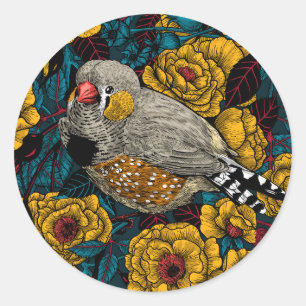 Sticker Rond Zebra finch et buisson rose