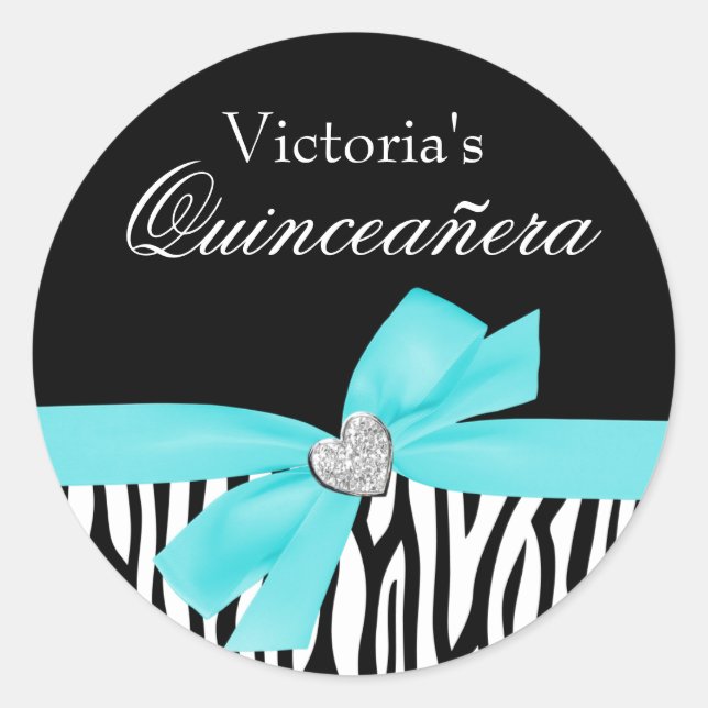 Sticker Rond Zebra Turquoise Blue Bow Diamond Quinceanera (Devant)