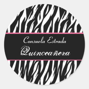 Sticker Rond Zèbre noir blanc et rose Quinceanera ronde