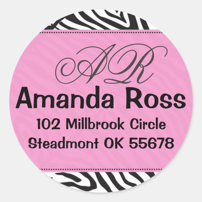 Sticker Rond Zèbre rose avec initiales (Devant)