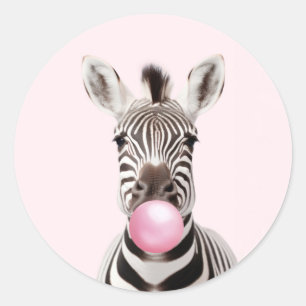 Sticker Rond Zèbre soufflant rose bulle gomme Art numérique jou