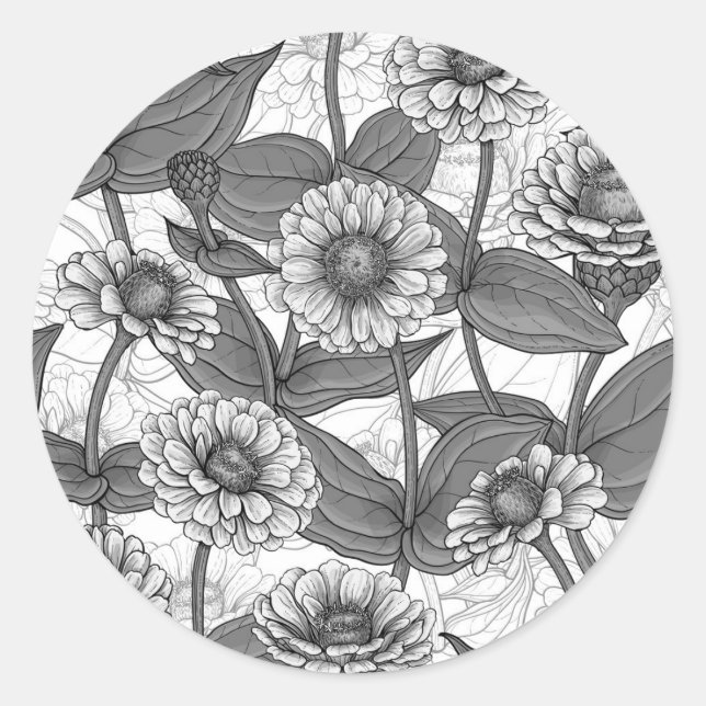 Sticker Rond Zinnias, monochrome sur blanc (Devant)