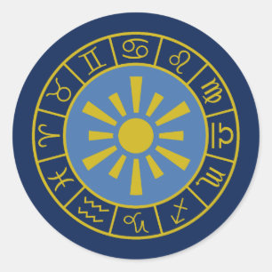 Sticker Rond Zodiac Soleil Roue+Symboles Astrologiques Or+Blues
